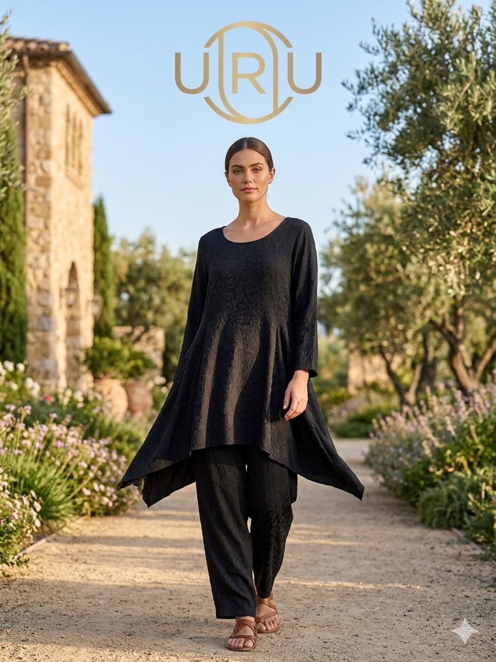 Vintage Silk URU Black Textured Asymmetric Tunic & Pant Set